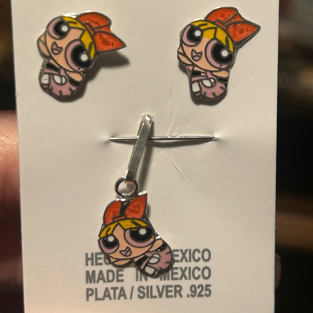 Powerpuff Girls Silver Earrings and Pin Set